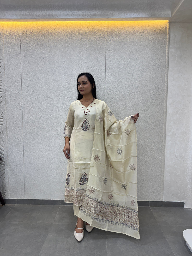 Cream Silk Kurta Set