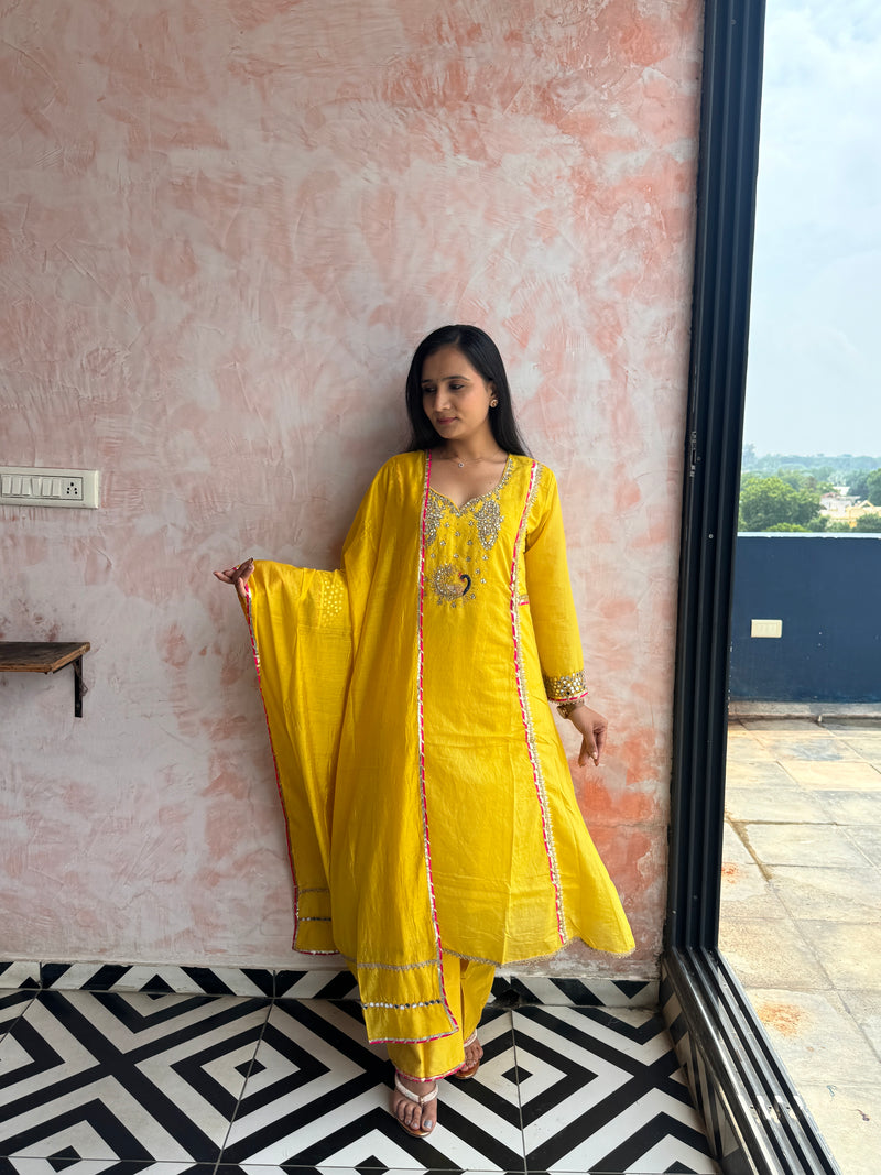 Sunshine Yellow Peacock Kurti Set