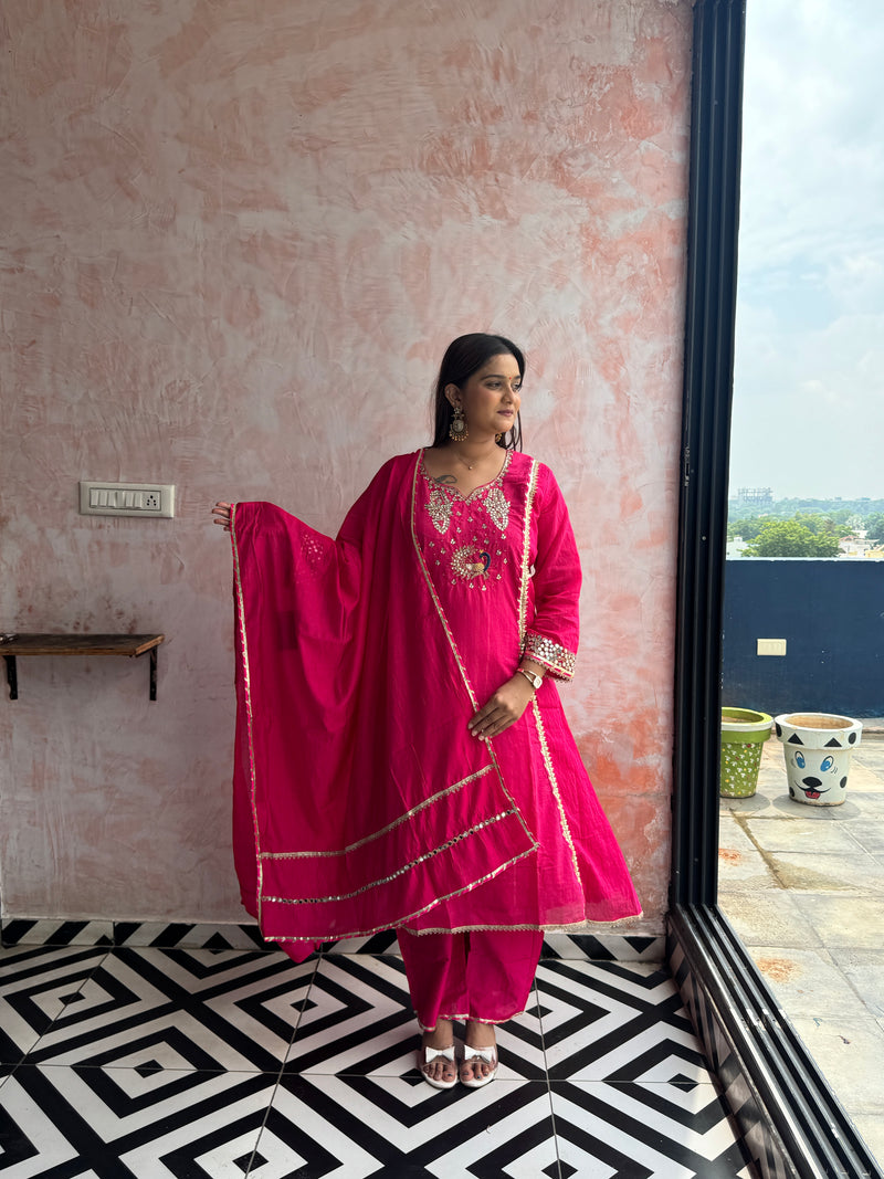 Rani Pink Peacock Kurti Set