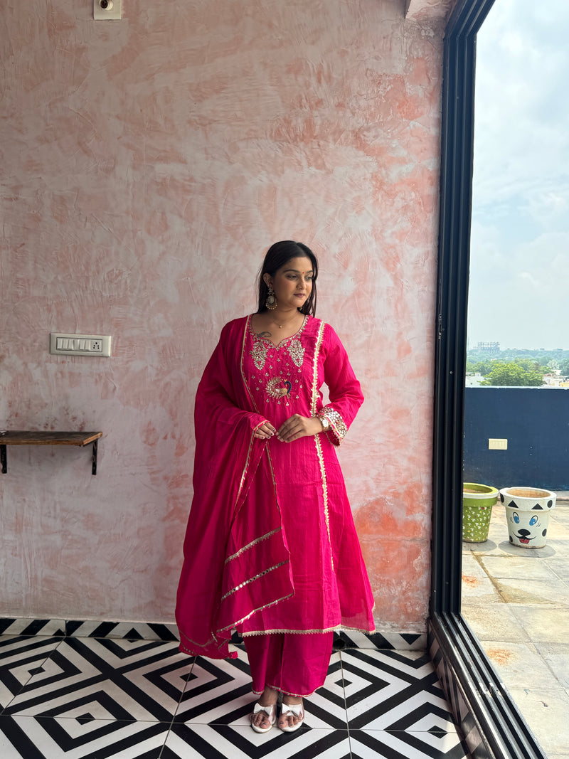Rani Pink Peacock Kurti Set