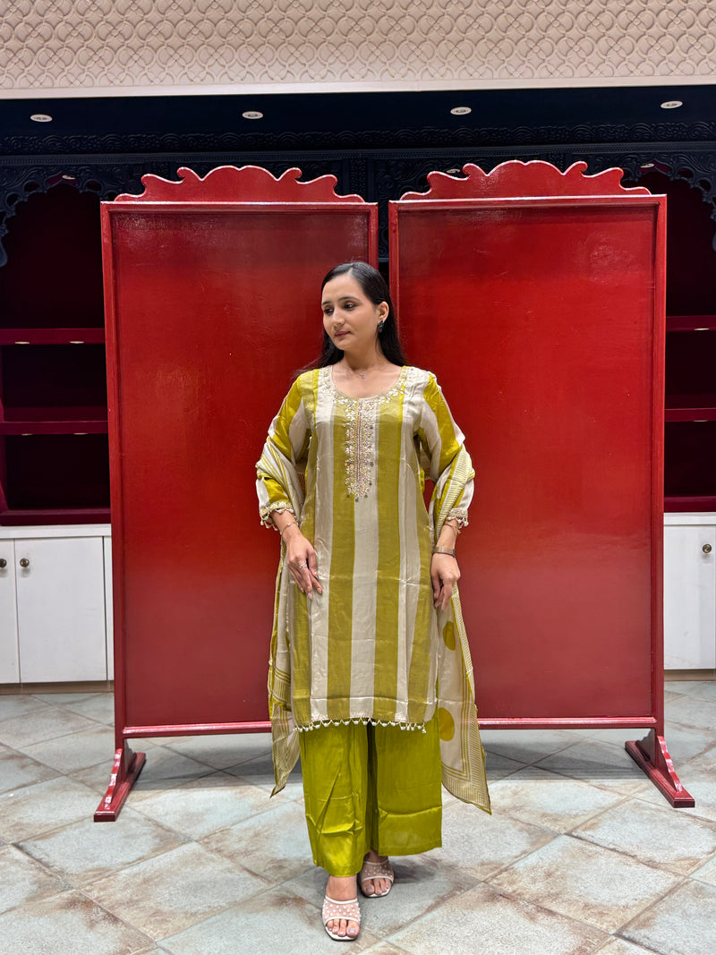 Olive & Beige Striped Kurti Set