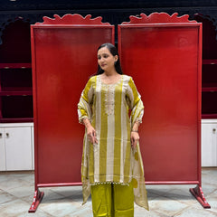 Olive & Beige Striped Kurti Set