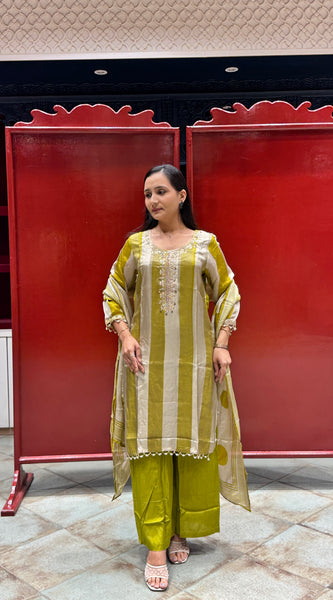 Olive & Beige Striped Kurti Set