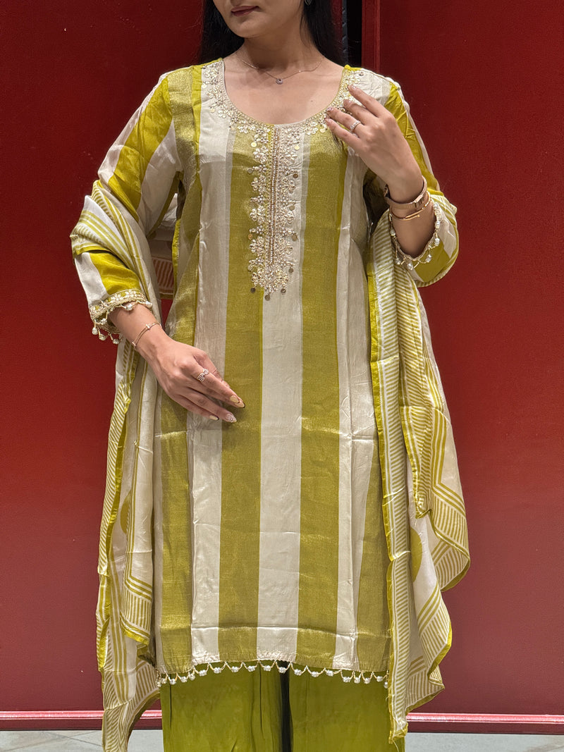 Olive & Beige Striped Kurti Set