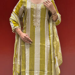 Olive & Beige Striped Kurti Set