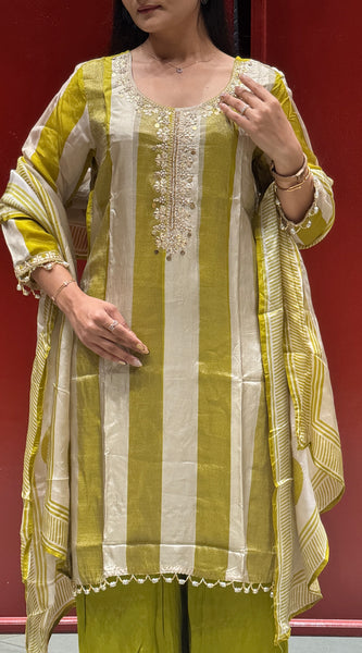 Olive & Beige Striped Kurti Set