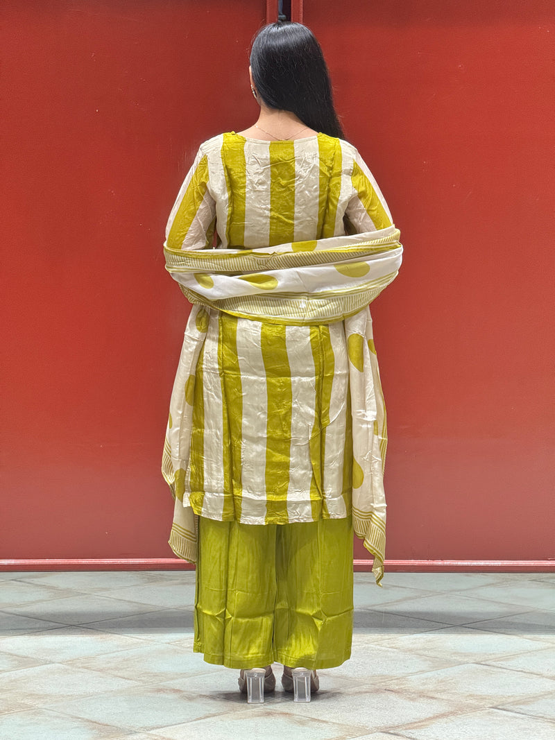 Olive & Beige Striped Kurti Set