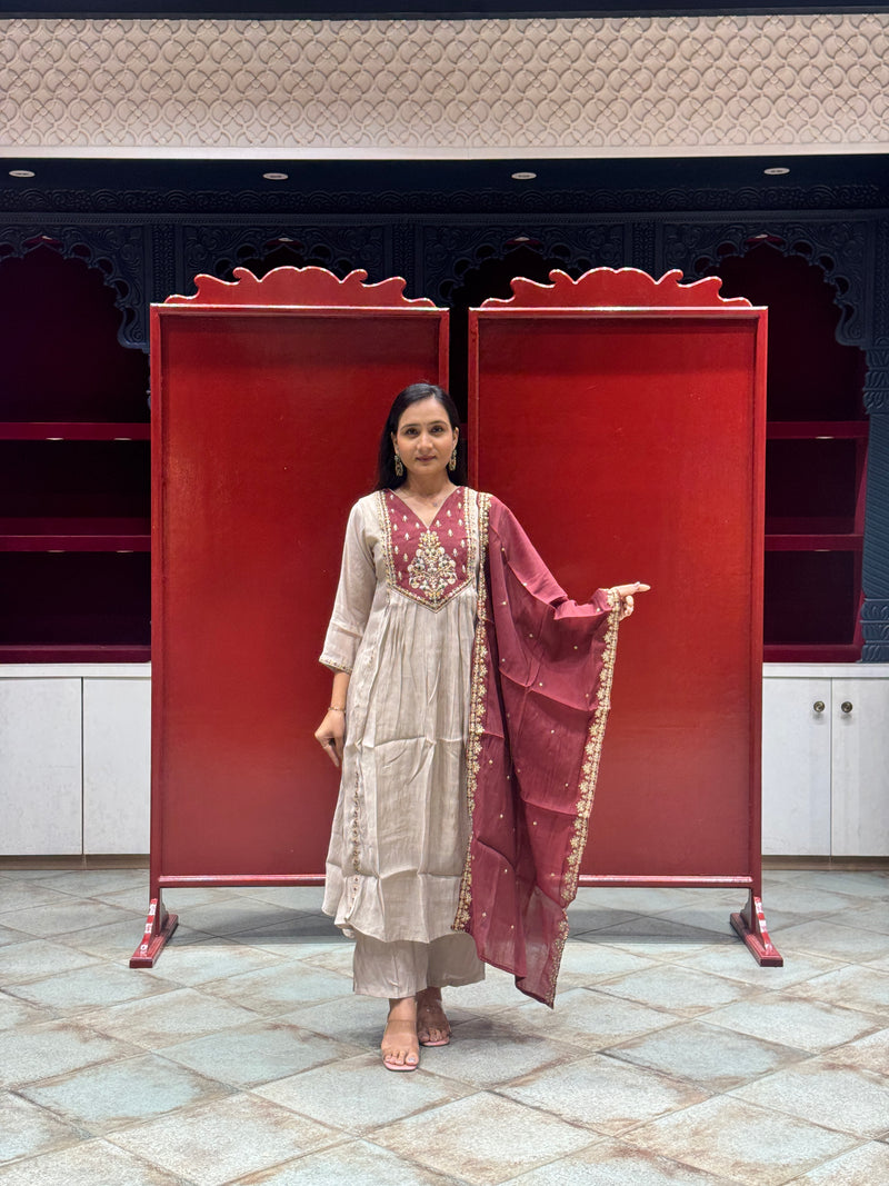 Taupe & Maroon Kurti Set
