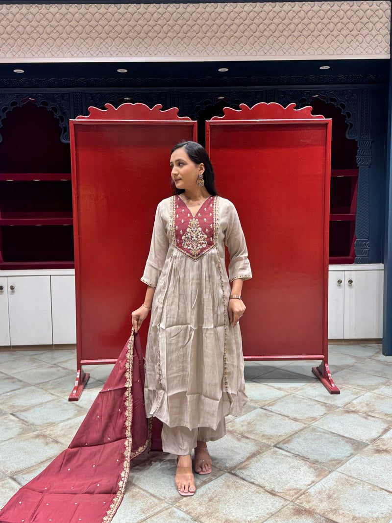 Taupe & Maroon Kurti Set