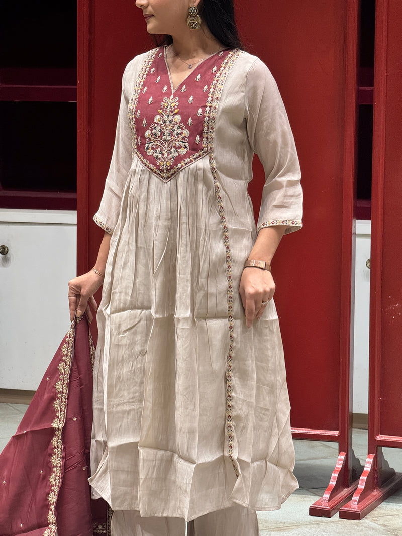 Taupe & Maroon Kurti Set