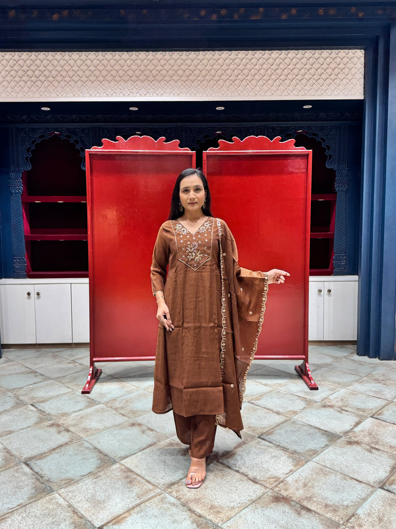 Chocolate Brown Zardozi Kurti Set