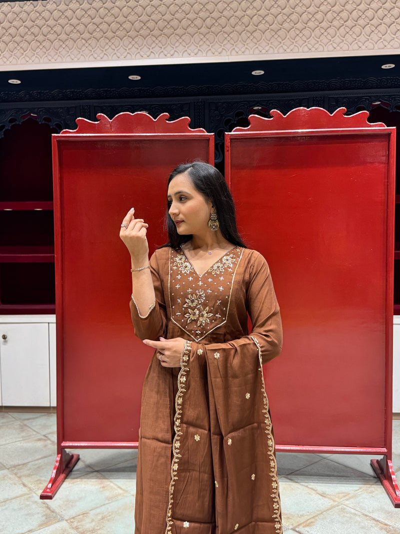 Chocolate Brown Zardozi Kurti Set