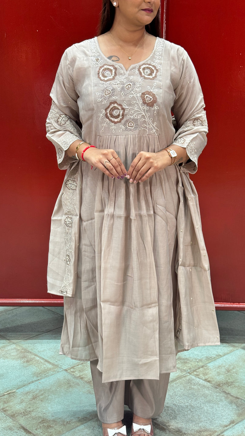 Beige Floral Kurti Set