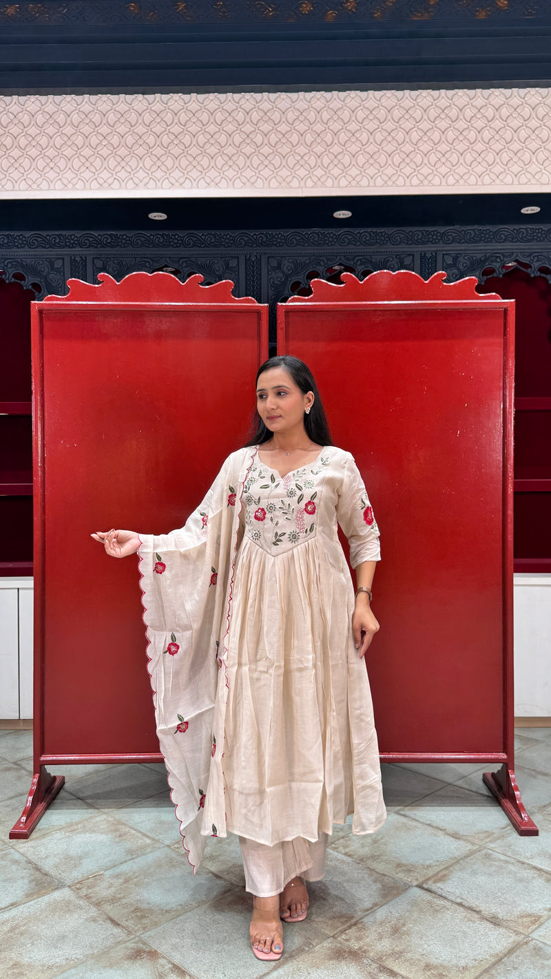 Beige Cream Floral Kurti Set