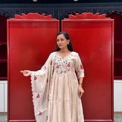 Beige Cream Floral Kurti Set