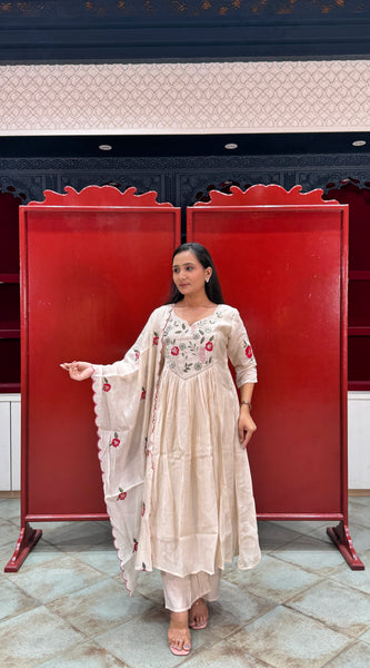Beige Cream Floral Kurti Set