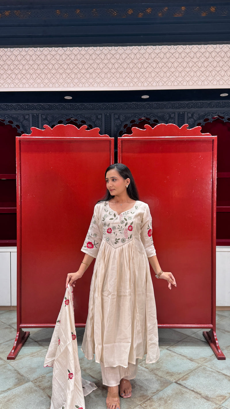 Beige Cream Floral Kurti Set