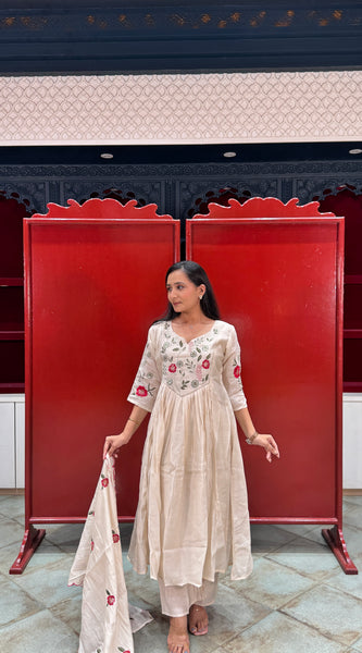 Beige Cream Floral Kurti Set