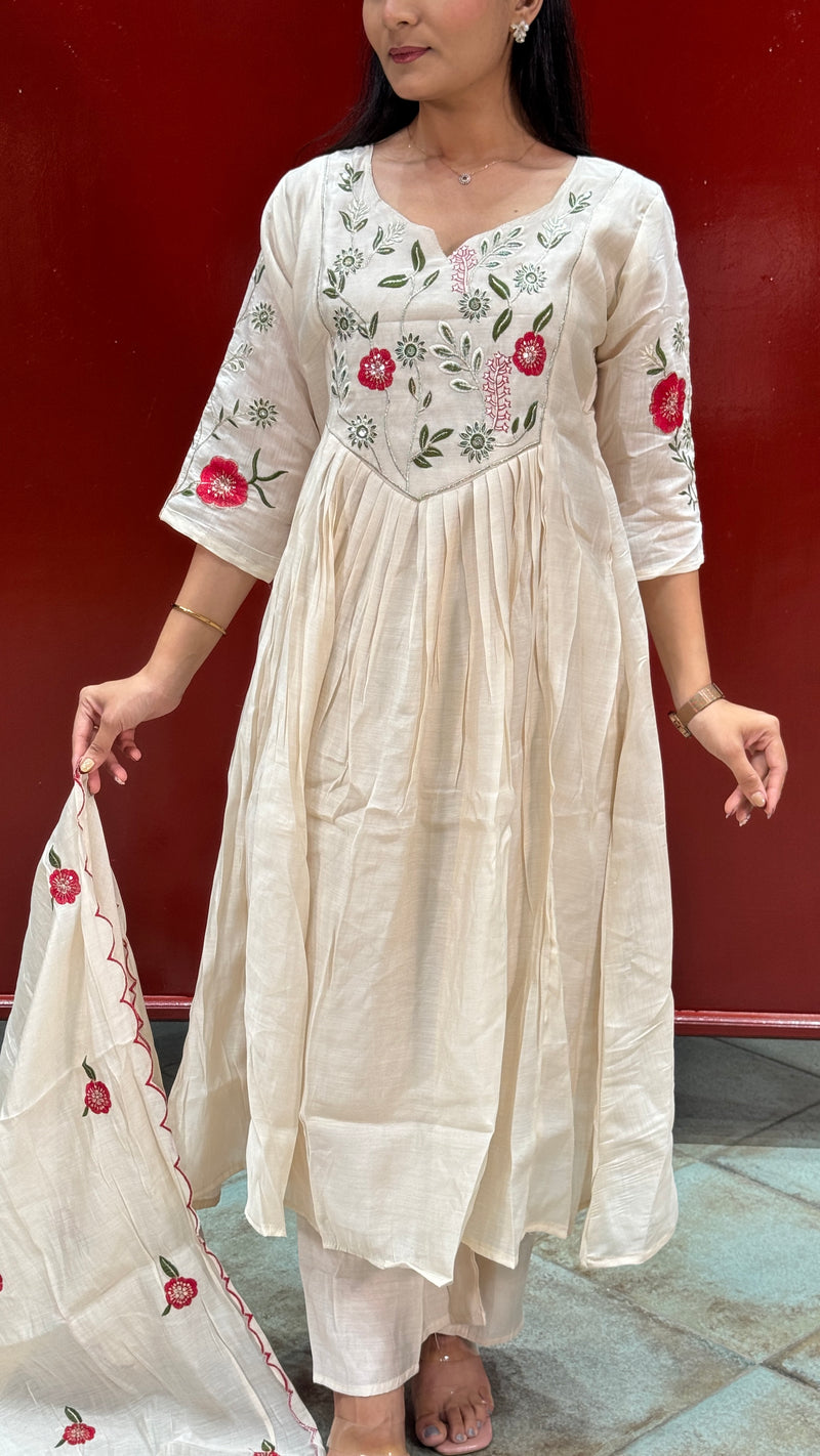 Beige Cream Floral Kurti Set